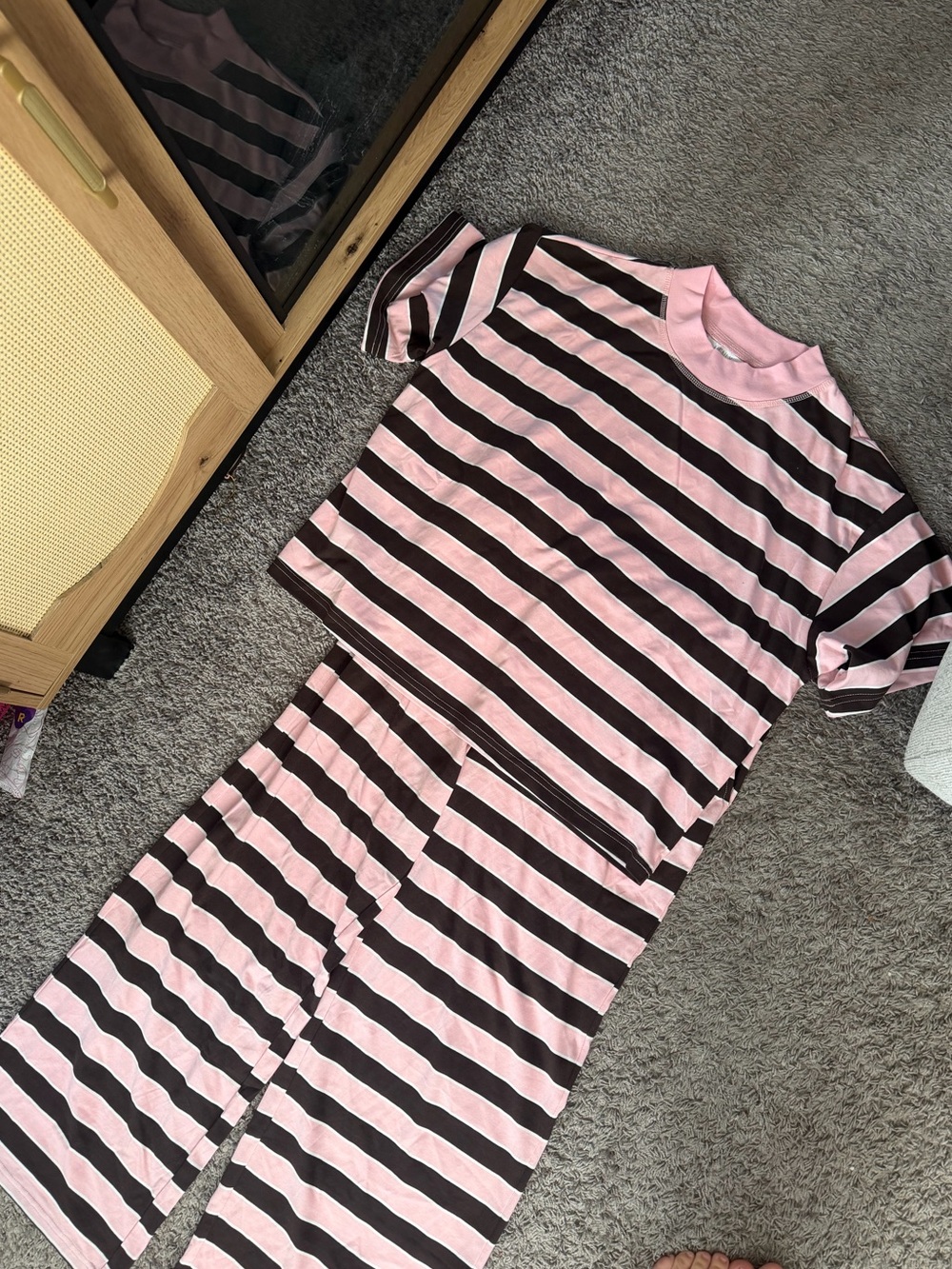 Kids Pink and Brown Striped Pajama Set - Cozy Short Sleeve Top & Pants